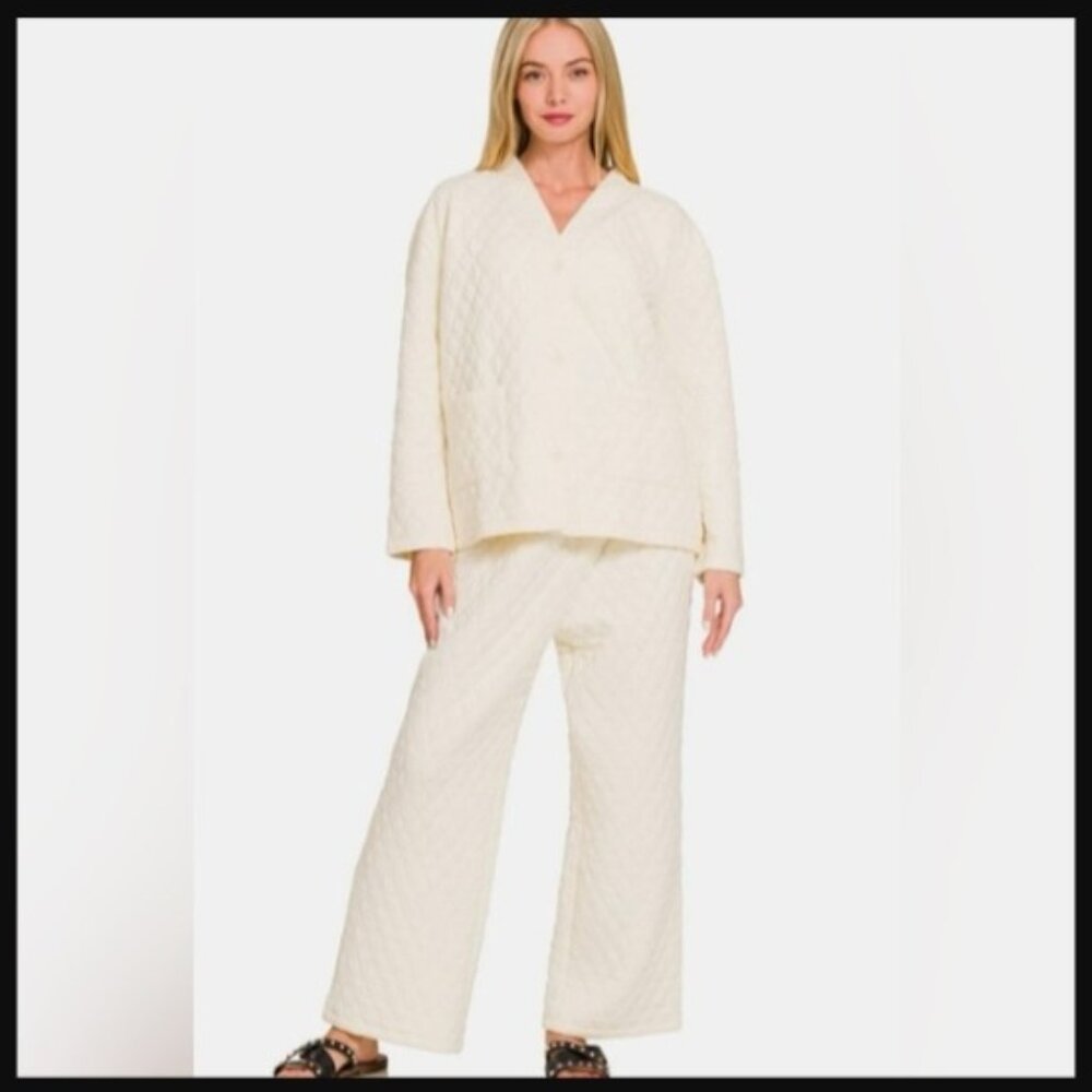 Zenana Quilted Button Up Long Sleeve Top and Pants Loungewear Set sz S NEW